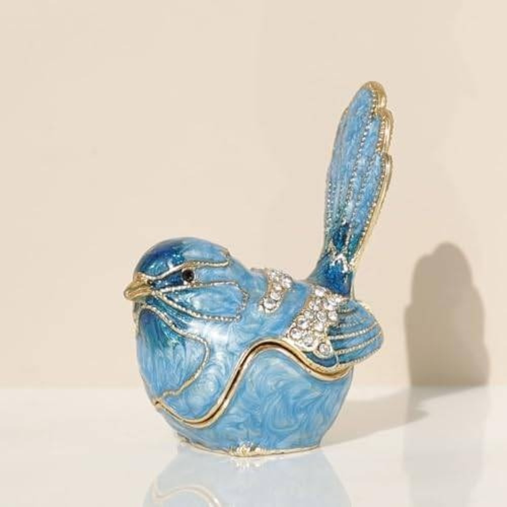 Blue Enameled Bird Trinket Box Rhinestone Hinged Jewelry Pill Box Collectible